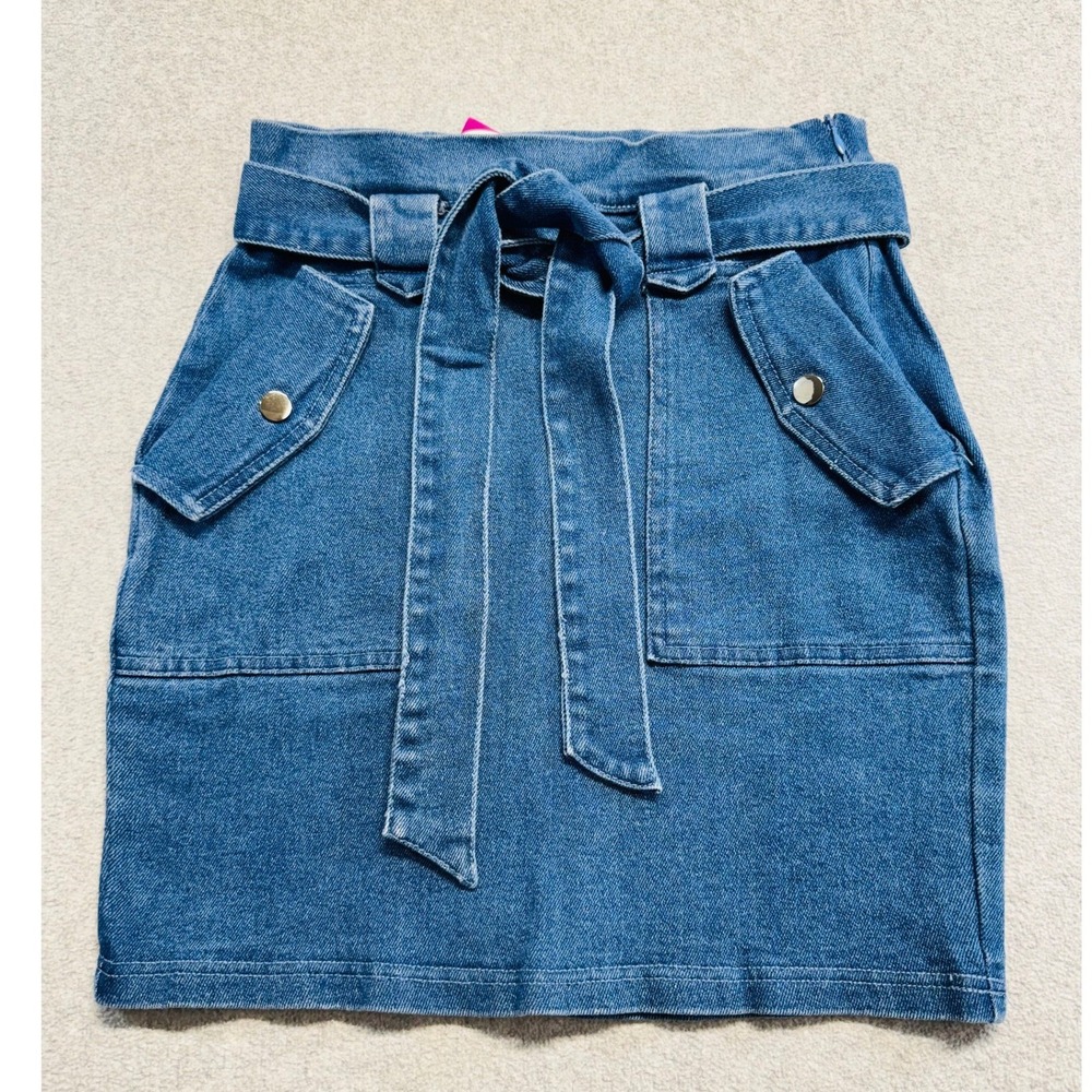 Haute Monde Womens S Denim Mini Skirt Blue Tie Belt Cargo Pockets Utility Y2K